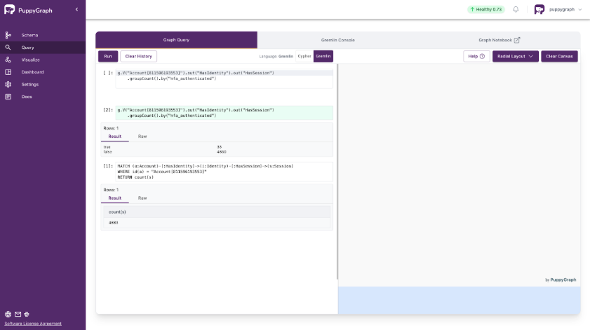 A screenshot of PuppyGraph UI with graph query results